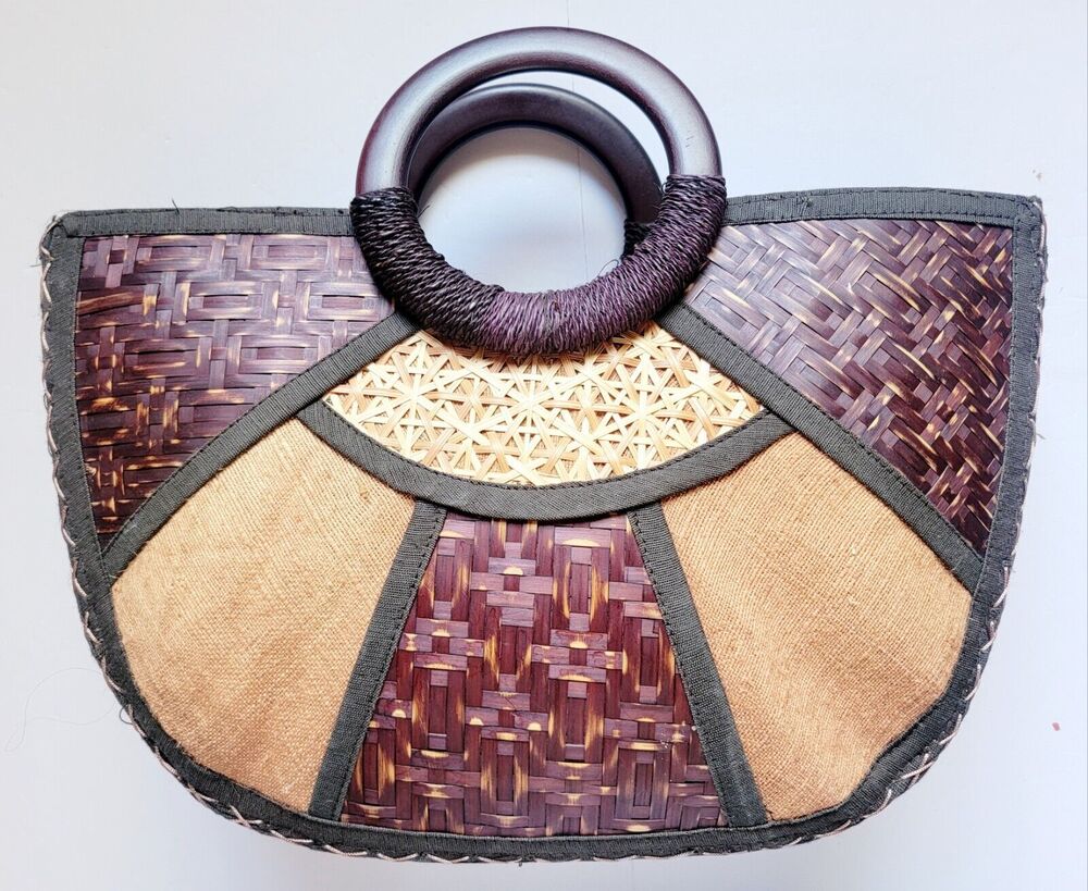Vintage Wood Woven Boho Top Handle Bag Tribal Resort Purse